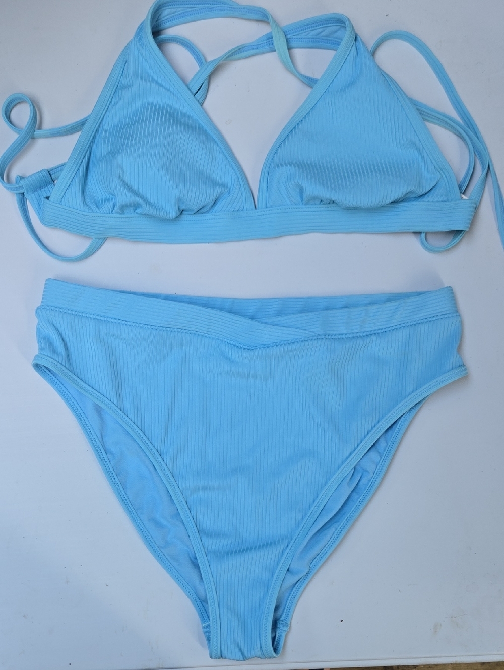 Light Blue Ribbed Triangle Bikini Set - Women Swim